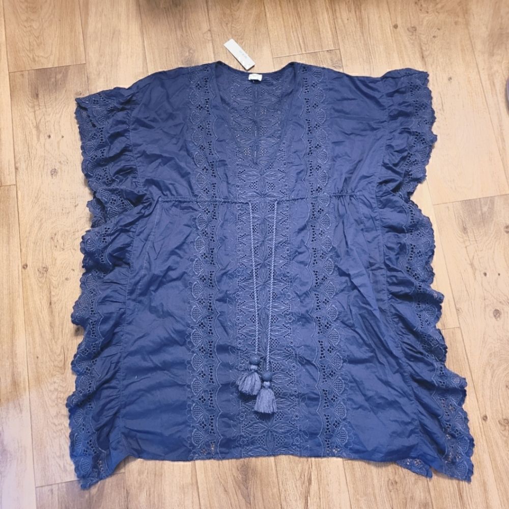 J Crew Embroidery Eyelet Swimsuit Oversized Coverup Navy Blue Size XS